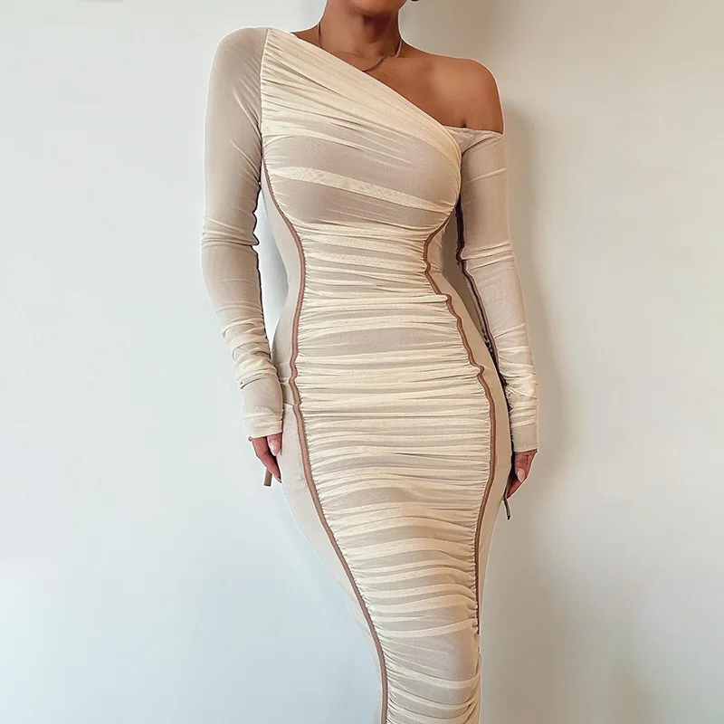 WS8225 2024 Spring and Summer Long Sleeve Double Layer Mesh Dresses Women Good Quality Inclined Shoulder Tight Fitting  Dress