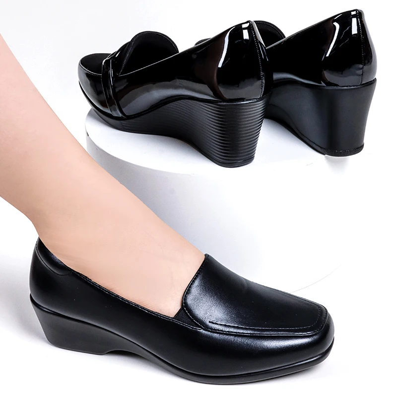 2023 Arch Support Insole Comfortable Shoes Women Solid Black Wedge Heel
