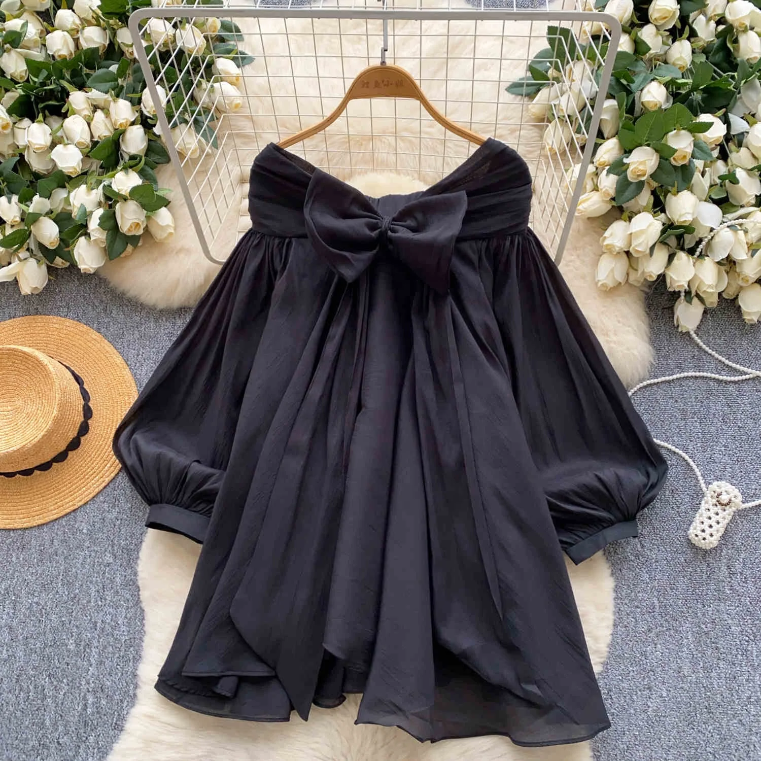 Mulheres soltas arco francês Design lanterna manga malha camisa MIni  vestidos| Alibaba.com, image size:1500x1500