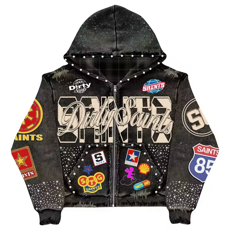 Custom Vintage Washed Sun Faded Hoodie for Men Factory OEM Oversized Heavyweight 100% Cotton Zipper Jacket Rhinestone Hoodies gallery 2