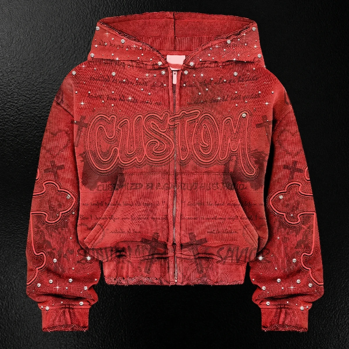 Custom Print Men's Rhinestone Cotton Zip up Hoodie Oversized Vintage Wash Embroidered Distressed Cropper Designer Hoodie Unisex
