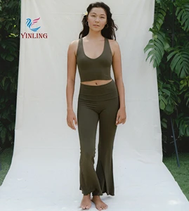 Yoga Wear Factory Custom Logo Women Pilates Sportswear Workout Sets Fitness Crop Top Butt Scrunch Leggings Flare Yoga Pants Set