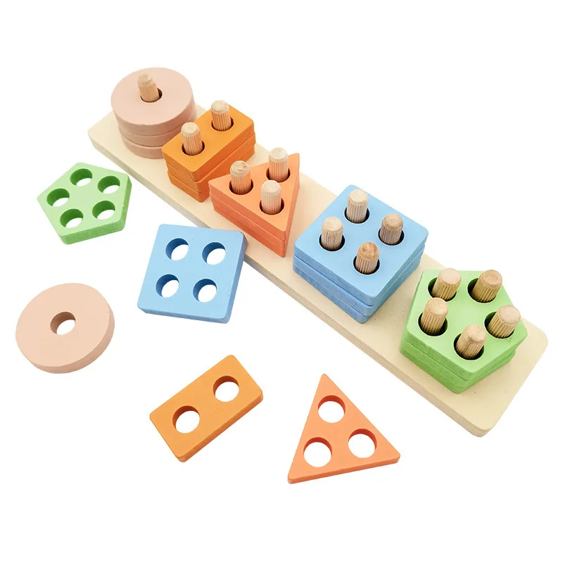 Kids Wooden Blocks Learning Educational Toy Geometric Shape Matching Building Block Toys Columns Matching Blocks Toy
