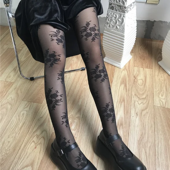 Women's Black Lolita Stockings Oval Floral Sheer Net Lace Tights Full Pantyhose 
