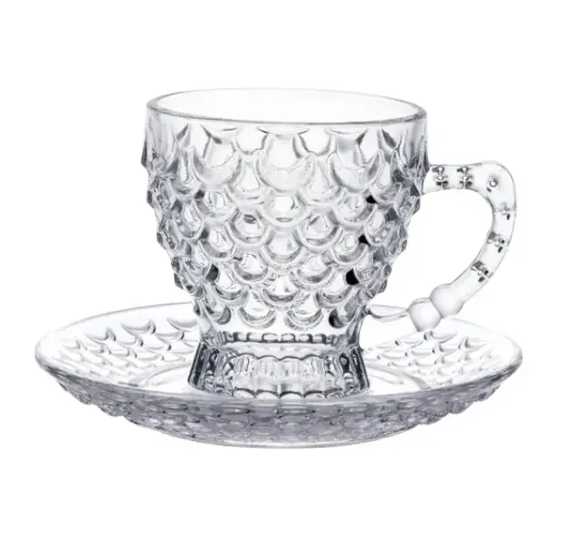 High White Crystal Quality 12PCS Glass Cup and Saucer Set Tea Coffee Mugs  Engraving Fish Scale Europe Style Mug With Dish