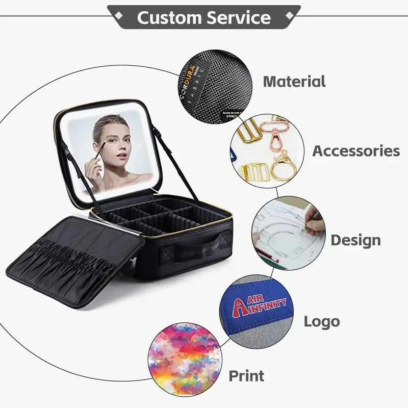 Portable Makeup Case Bag Mirror Led Light Beauty Case Travel Waterproof