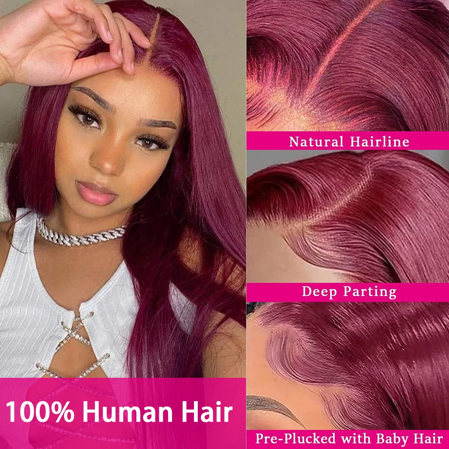 Burgunderrote, glatte Perücke aus menschlichem Haar, 13 x 4 Spitzenfront, brasilianisches Remy-Haar, weich für Frauen_voghion.com