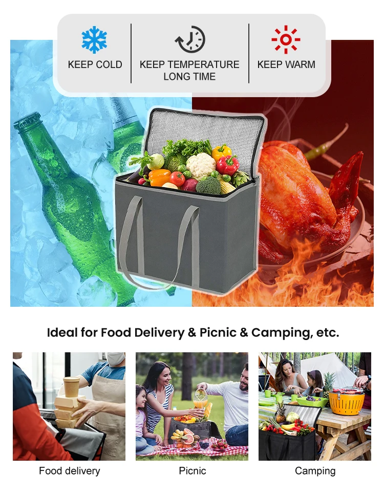 Custom Logo Print Non Woven Food Delivery Aluminum Foil Thermal Insulated Tote Lunch Bag Grocery Shopping Insulated Cooler Bag factory