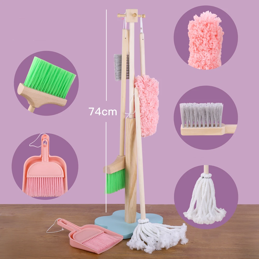 Montessori Mama Pretend Play Kids Cleaning Set - Toddler Cleaning Set -  Kids Broom and Mop Set for Toddlers with Stand, Duster, Dust Pan, Hand