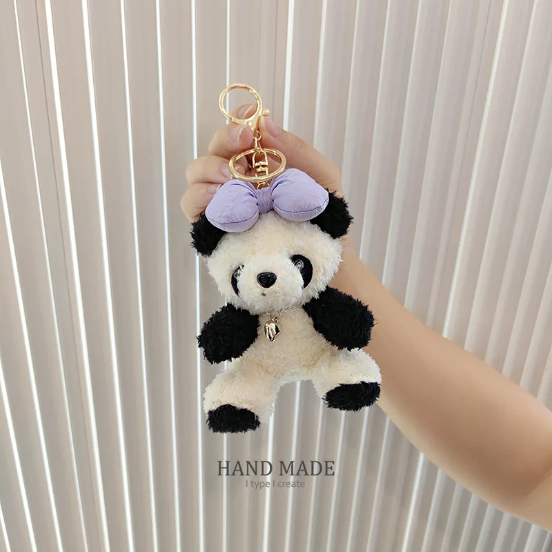 Mini Size Cartoon Kawaii Bow Panda Dolls Plushie Keychain Pendant