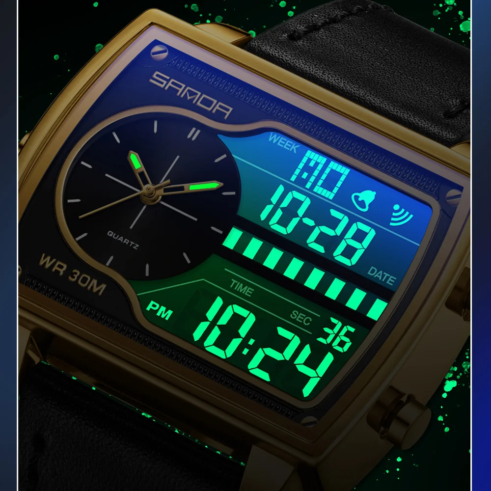Sanda 6163 Quartz Digital Leather Wristwatch for Men - Waterproof