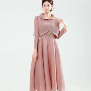 Women's Casual Plus-size Set Consisting of a High-quality Solid-color Long Dress Paired with a Small Coat and a Belt