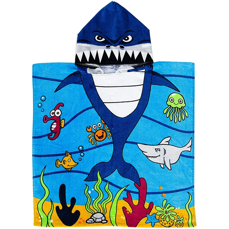 Hot Selling Organic Cotton Shark Design Hot Sale Kids Poncho Beach Towel