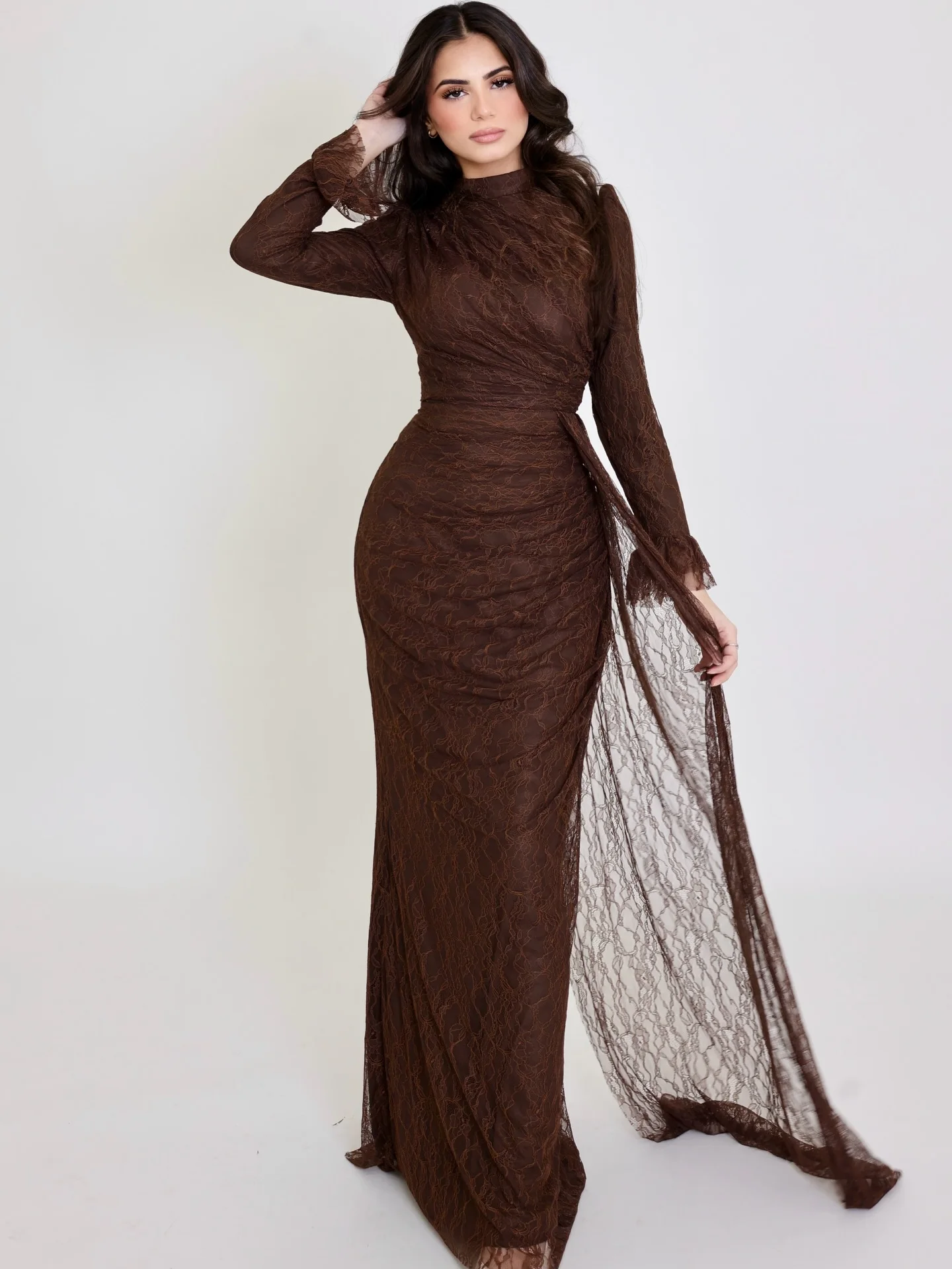 lace dress dubai Embellished Guipure Long Lace Dress - Luxury Evening Dress | Rami Al Ali Guipure & Peach Parfait / FR 44