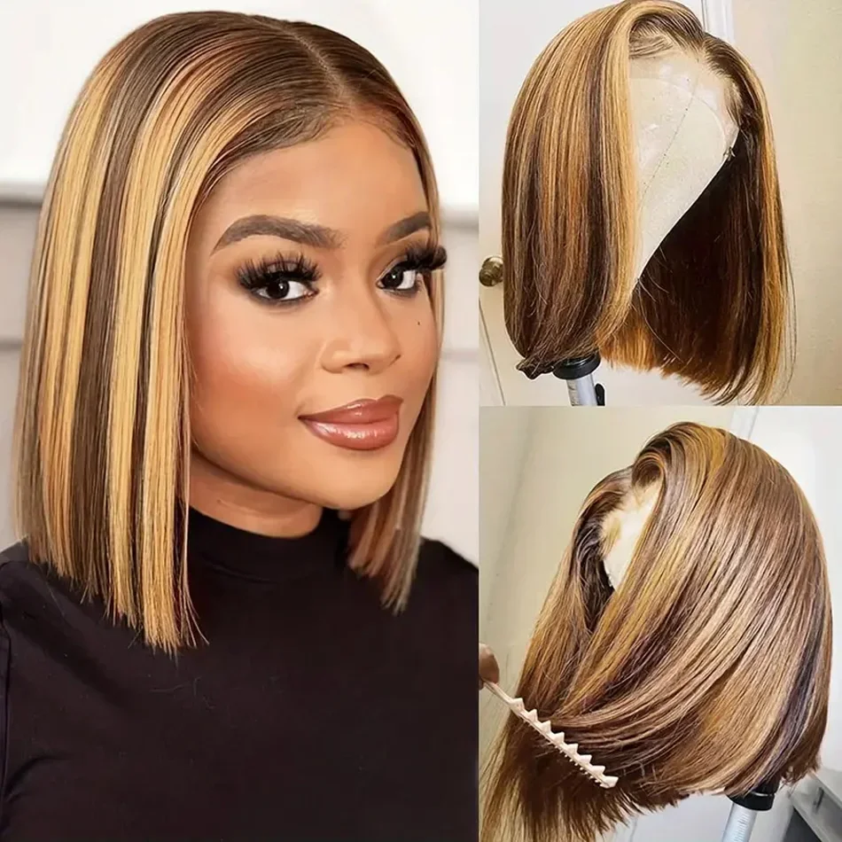 Highlight Brazilian Remy Human Hair Short Bob Wigs Swiss Lace Frontal Wig for Women_voghion.com