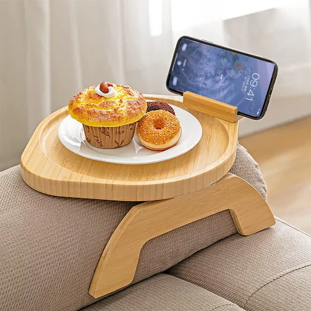 Bamboo Sofa Tray Table Clip on Couch Armrest with Rotating Bracket Couch Tray for Arm Sofa Table and Drinks Snacks