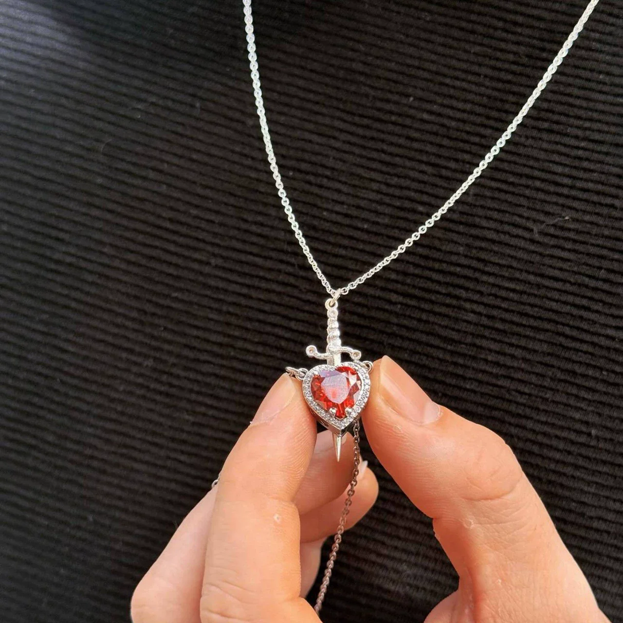 One Arrow Piercing Heart Dagger Sword Necklace - Pink Heart Pendant