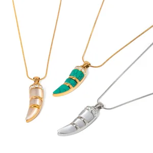 Cool Women's Choker Jewelry Niche Design Ivory Shape Pendant Necklace with Gold Plated Cat's Eye Stainless Steel Ivory Inlaid