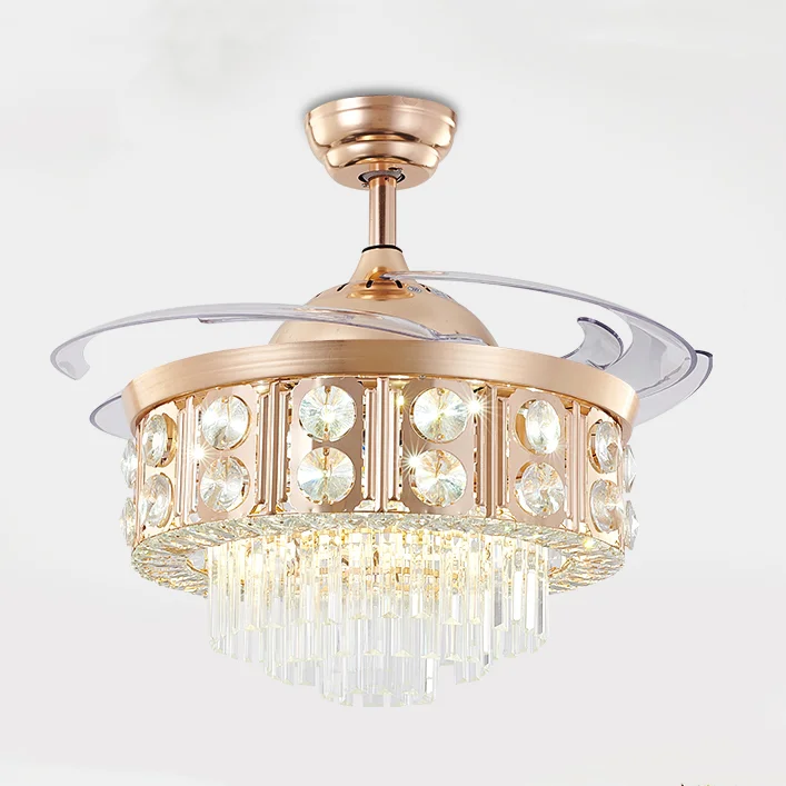 LED invisible modern crystal ceiling fan with light fixtures fan chandelier dining room decoration fan lighting