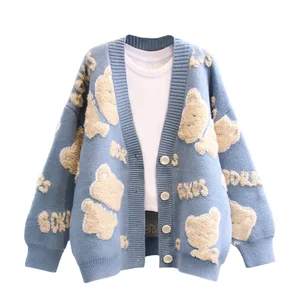 Women's Jacquard Cardigan Sweater Long Sleeve Winter Knitted Clothes V-Neck Collar Button Decoration Casual