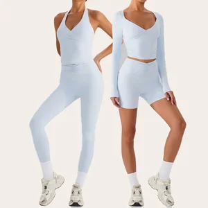 China Sports Clothing Manufacturer Fall Lounge Wear Ladies Workout Fitness Clothing Set Halter Neck Tank Top Tights Sportswear