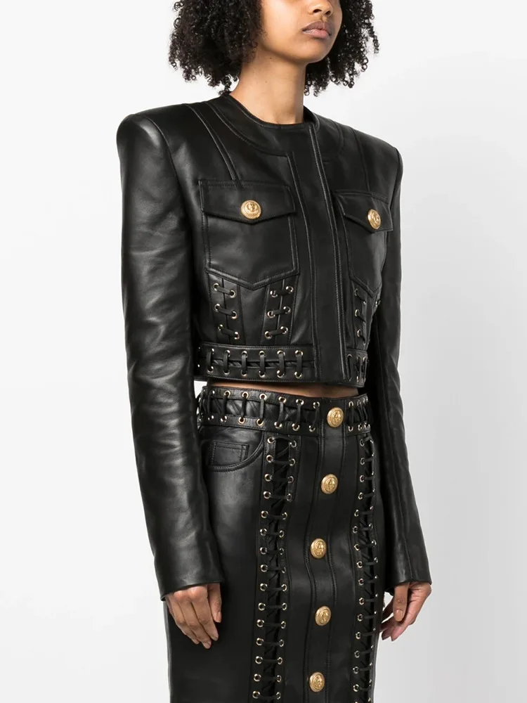New Ready to Ship or Custom High Quality Fashion Two Pieces Black PU Leather Skirt and Jacket Suits Set Women
