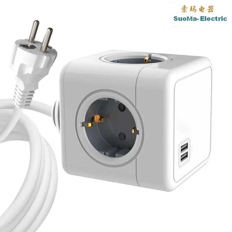 2023 Europe Power Strip Cube Socket with USB Port Germany Outlet Extension Cord Electrical Multi Wall Plug Adapter Surge Protect