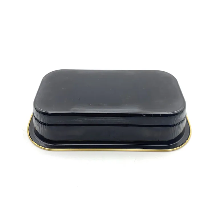product c300 durable packaging microwave 300ml oblong black  gold foil pan take out aluminum foil container with clear dome lid-2
