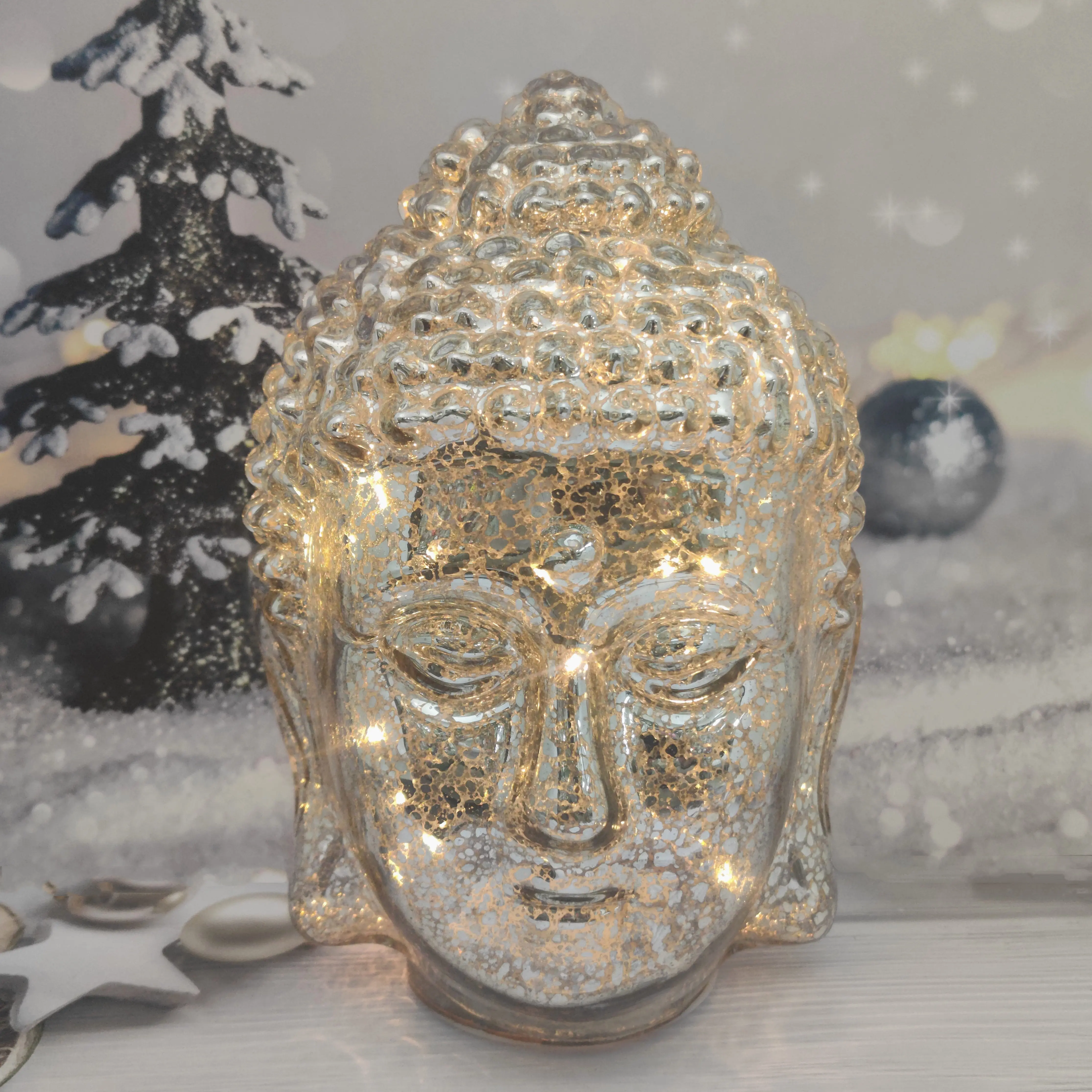 Battery Powered Led Lighted up White Glass Buddha Head Sculpture Ornaments Home Decorative Accessories