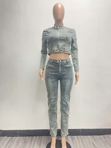 Dropshipping New Arrivals Fall Winter 2026 S-2XL Stretchy Boutique Denim Jeans Women 2 Piece Sets