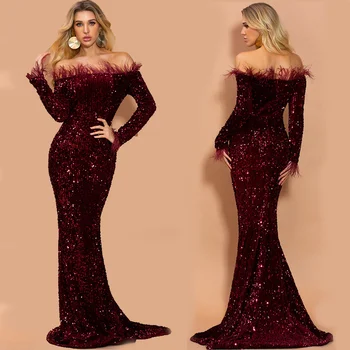 Off Shoulder Feather Long Sleeve Mermaid Sequins Dresses Gown Long Luxury Evening Dress