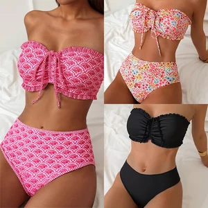 European American Style Halterneck Swimsuit Set Solid Pattern Cover-Up with Logo Waist Thongs Bottom Cross-Border Popular Bikini