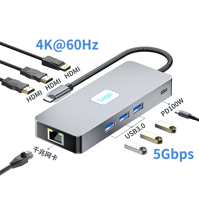 8 Port Usb c Hub with Triple Display HDTV 4K 60hz Network 1000Mbps Type C USB3.1 10Gbps 8 in 1 Type C Docking Station