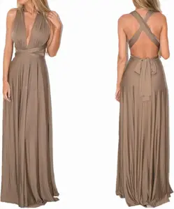 Women's Transformer High Elasticity Wedding V-neck Backless Floor-Length Party Evening Prom Gown Convertible Natural Ruffles