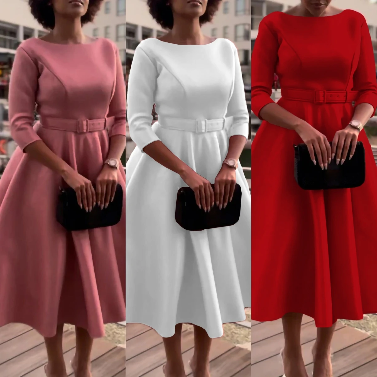 ZHEZHE Fashion Plus Size Women's Clothing Lady Elegant Casual Luxury Round Neck Medium Sleeve Dresses