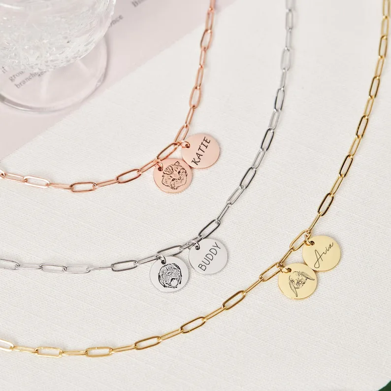 New Custom Paperclip Necklace Gold Round Stainless Steel Dog Pendant Memorial Necklace preview 2