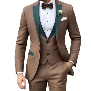 2026 New Arrival Brown Men's Business Suits Beaded Zipper Single-breasted Slim-fit Suit Jacket Pants Polyester/Rayon Wedding
