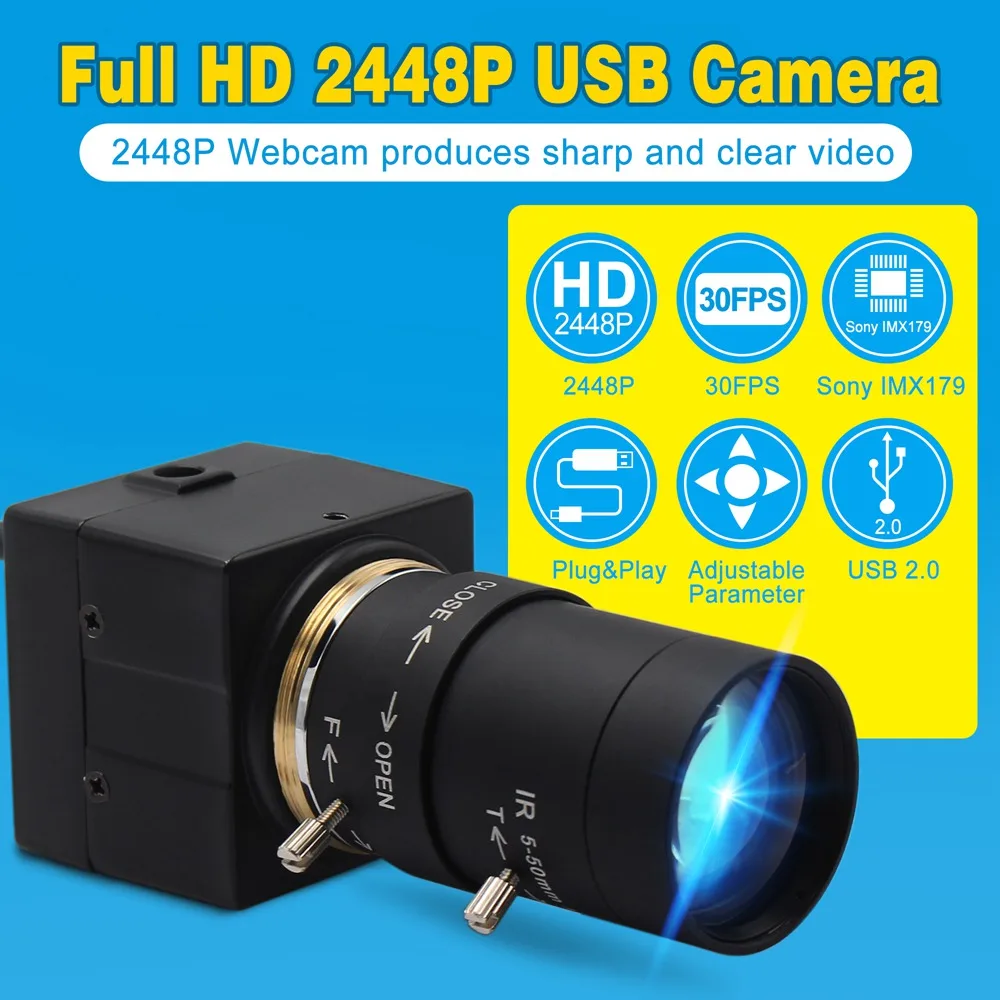 ELP8MPウェブカメラフリードライバーIMX179高解像度5-50mmバリ