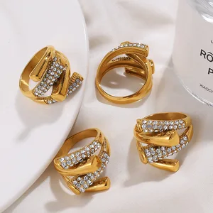 MW Trendy 18K Gold-plated Irregular Geometric Staggered Diamond Ring Stainless Steel ZIRCON Fashion Jewelry Ring for Women