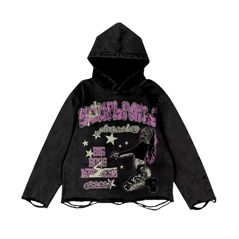 Screen Print Pullover Sweatshirts Unisex Custom100% Cotton Oversized Raw Hem Cut Bottom Acid Wash Ripped Streetwear Hoodie Men gallery 7