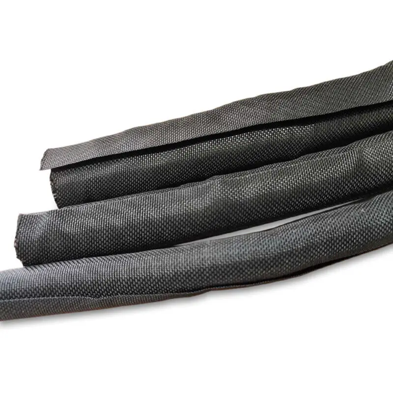 Fire abrasion resistant self-coiling textile sleeving for protection of irregularly shaped wire harnesses