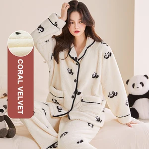 Hygieia Wholesale Women's Thermal Winter Home Suits Warm Flannel Pajamas Set Coral Fleece Sleepwear Lounge Wear
