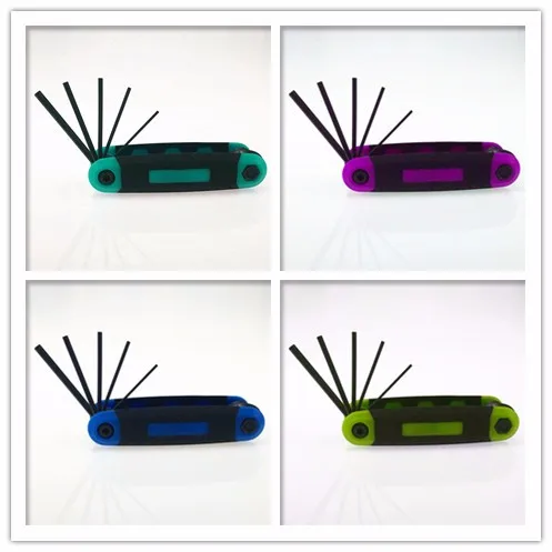 Portable Folding Hex Key Wrench Tool Set 9 Standard Sizes Metric Sizes and 8 Sizes Chamfered Ends Rubberized Grip