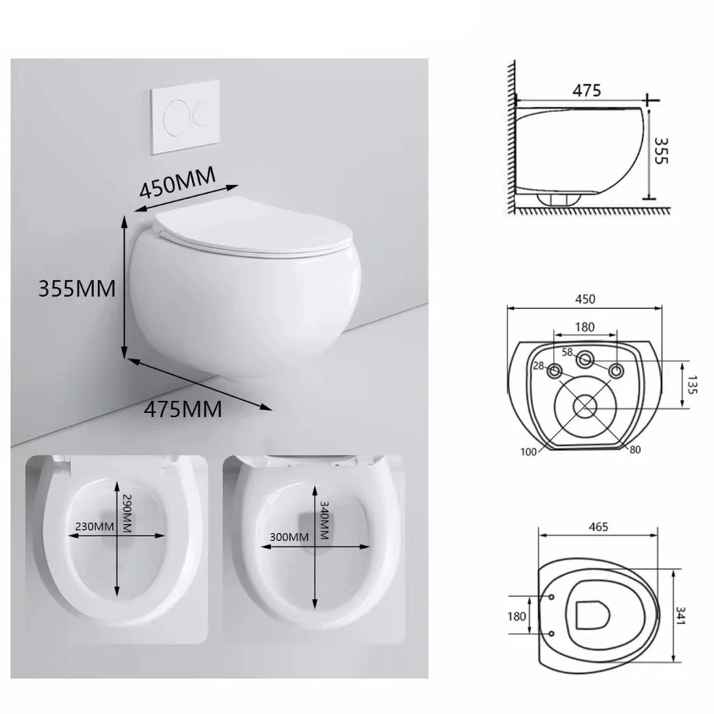 Top quality ceramic toilette khaki white color mounted toilet wall hung round rimless sanitary wc toilets set bathroom details