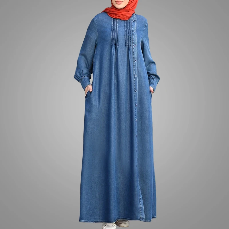 Denim Dress Factory Wholesale Long Sleeve Islamic Clothing New Model Solid Color Muslim Kebaya Dress Plus Size Dubai Abaya
