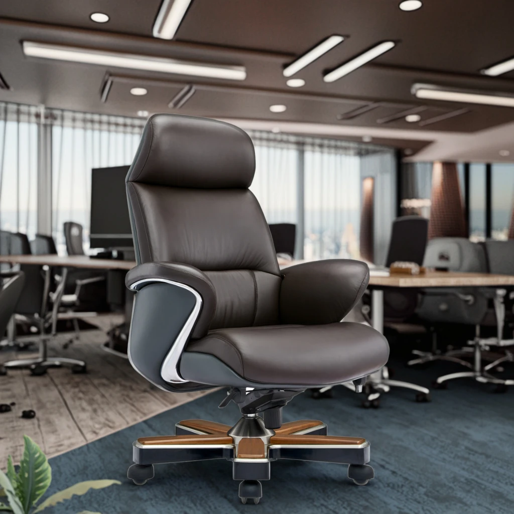 Luxury Modern Leather Executive Chair with Alloy & Wood Hybrid Structure Adjustable Height Nylon Wheels 4
