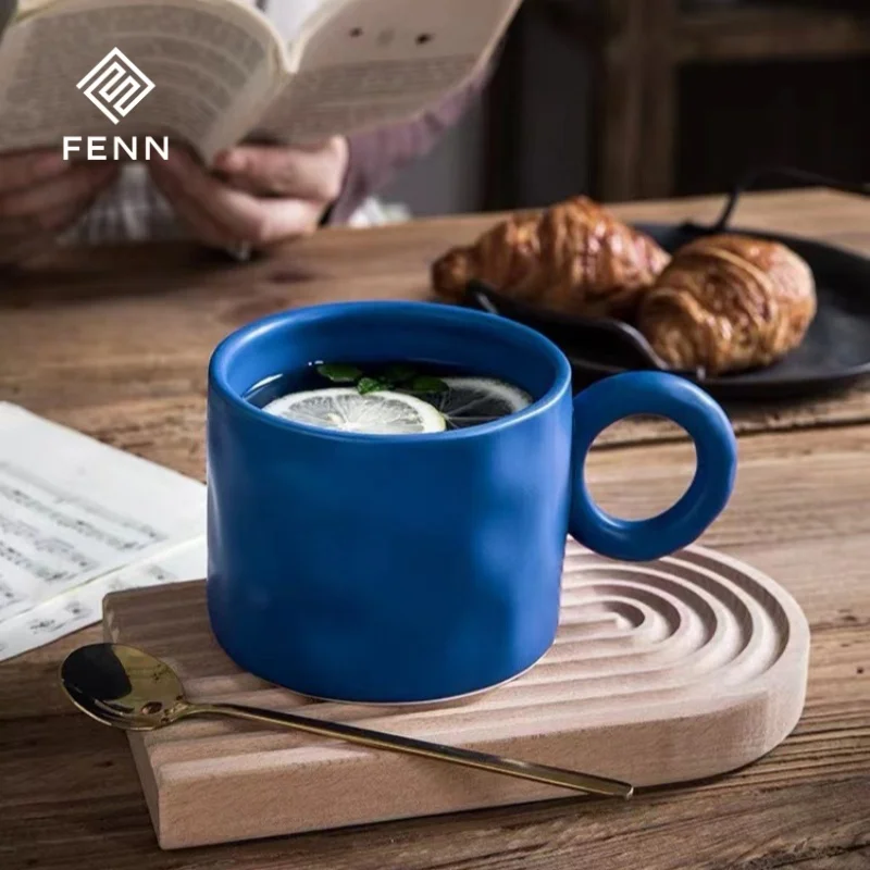 FENN Wholesale Vintage Simple Ceramic Mug Custom Pottery Mug Milk Cup with Round Ear Handle Business Coffee Cup and Gift Mug