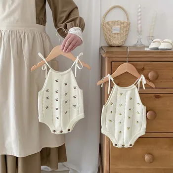 Ins Baby Summer baby knitted cutout sling romper cute baby girl sleeveless breathable one-piece