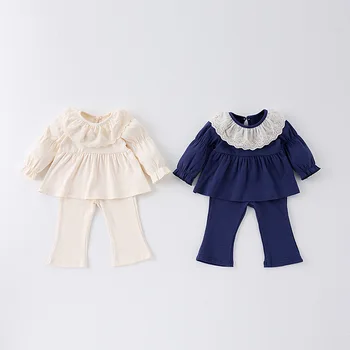 Autumn Spring Girls Casual Kids Suit Fashionable Lace Collar Baby Doll Shirt with Wide-Leg Pants for Children