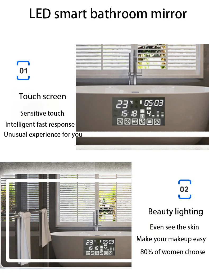 Modern style waterproof time display touch switch screen rectangle intelligent wall mounted led mirror smart factory